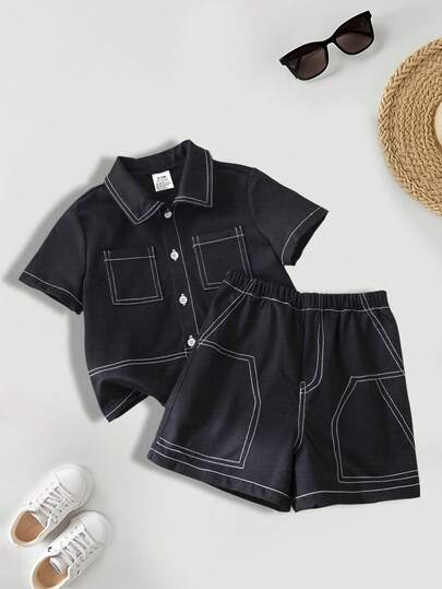 2pcs/Set Baby Boy Shirt Outfit, Summer, Gentleman Style Collared Cardigan, Newborn Infant Cute & Comfortable Clothing, Suitable For Outdoor, Daily Play, Casual Gathering, Holiday Gift