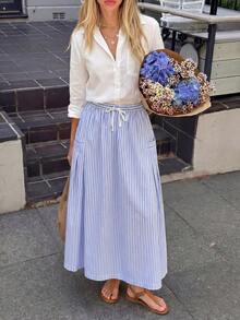 女士高腰系带半身裙，蓝白条纹带口袋半身裙，女士度假装扮，休闲/假日细节半身裙，夏季 - 藍白色 - 查看 3