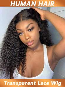 Kinky Curly Wave Transparent 13x4 Lace Front Wig Brazilian Human Hair Pre Plucked Natural Black Curly Wave Wig With Baby Hair 180% Density - Natural Black - View 3