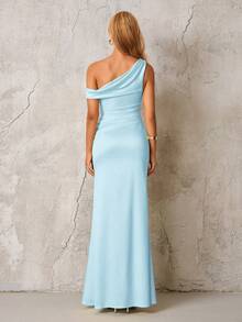 PARTHEA Cold Shoulder Ruched Draped Collar Trim Mermaid Hem Maxi Elegant Formal Evening Gowns(Zipper,Sexy) - Baby Blue - View 2