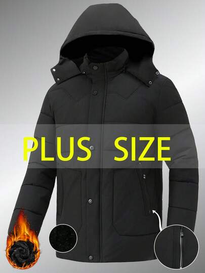 Plus Size Men's Thermal Lined Thick Jacket, Outdoor Casual Sports Fashion Big Pocket Detachable Hood Black Coat, Warm Lined Bomber Jacket, Suitable For Hiking, Boyfriend, Husband, Father Gift