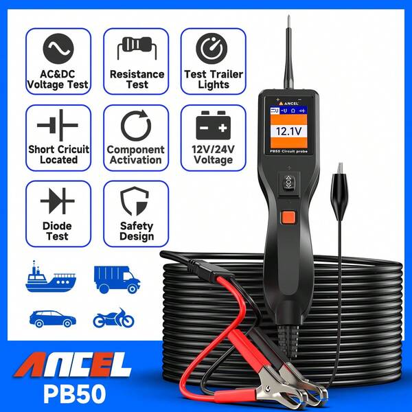 ANCEL PB50 12V/24V 汽车电路测试仪套件，PP电路测试仪电阻测试仪电压电源电路探针组，适用于99%的汽车电池测试