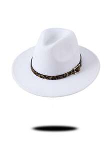 1pc Gray Felt Fedora Hat, Wide Brim Design With Leopard Print Band & Metal Buckle Decor, Chic & Stylish For Casual, Commute, Street Wear, Unique & , Multi-Color Options To Match Various Outfits