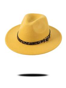 1pc Gray Felt Fedora Hat, Wide Brim Design With Leopard Print Band & Metal Buckle Decor, Chic & Stylish For Casual, Commute, Street Wear, Unique & , Multi-Color Options To Match Various Outfits