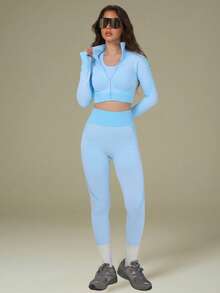 UONNOU Bộ đồ thể thao nữ 2 món, áo dài tay và quần định hình, trang phục thường ngày ngoài trời cho nữ, đồ thể thao, đồ định hình, đồ ôm sát, kiểu áo khoác, kiểu áo khoác mô tô, cổ đứng, khóa kéo toàn thân, thiết kế lỗ xỏ ngón tay thể thao, áo siêu ngắn ôm sát, nâng mông, làm thon gọn eo và bụng, tạo dáng chân và giúp bạn trông thon gọn hơn, quần thể thao ôm sát, độ co giãn cao và khả năng định hình tốt, vải dệt kim mềm mại không đường may, thích hợp cho các hoạt động thể thao và ngoài trời, yoga, tập gym, chạy bộ, sinh hoạt hàng ngày, đi làm, tiệc tùng và lễ hội, v.v., bộ đồ thể thao và ngoài trời thời trang cho mọi mùa, phong cách thu đông, xuân hè. - Xanh da trời - Xem 6