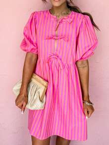 Acelitt Summer Rose Pink Striped Print Half-Button Placket Bow Tie Knot Puff Sleeve High Waist Slim Mini Dress - Multicolor - View 1
