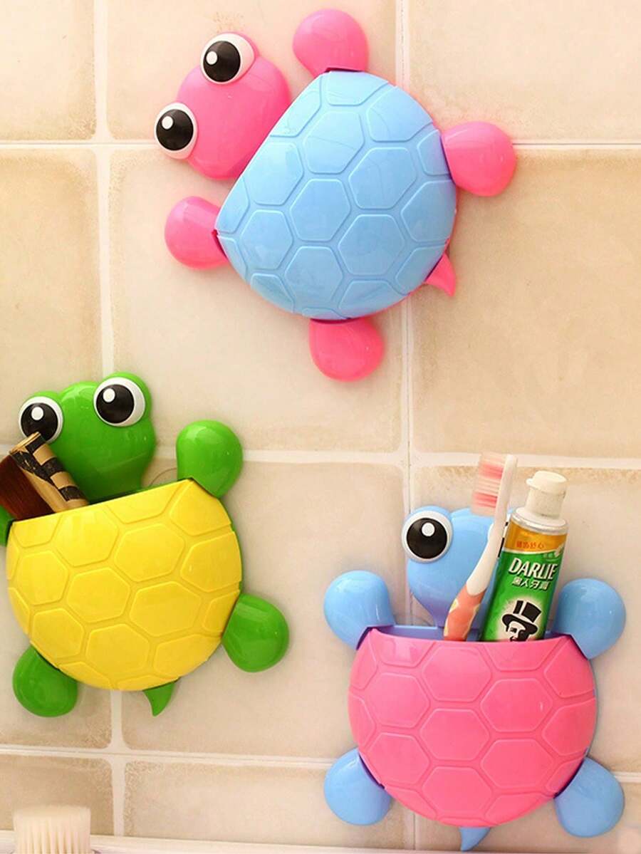 Adorable Turtle Wall Organizer With Strong Suction Cups Cute Cartoon Toothbrush Holder & Bathroom Storage Rack For Multi-Use PP Container For Toothpaste, Pens, Makeup Brushes Space-Saving Travel Organizer, Decor Storage,Cute Animal Shaped Blue Turtle Toothbrush Holder Wall Mounted Bathroom Toothpaste Storage Rack, Bathroom Accessories, Room Decor - Multicolor - View 1