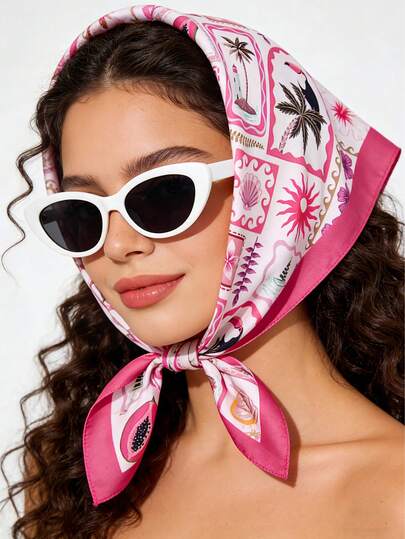 1pc New Fashion 70cm Women's Satin Multifunctional Accessory, Shell Beach Print, Suitable For Daily Wear, All Seasons, Silk Scarf/Handkerchief