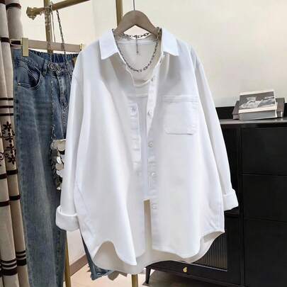 Women's Solid Color Pocket Front Button-Down Casual Shirt, Autumn White