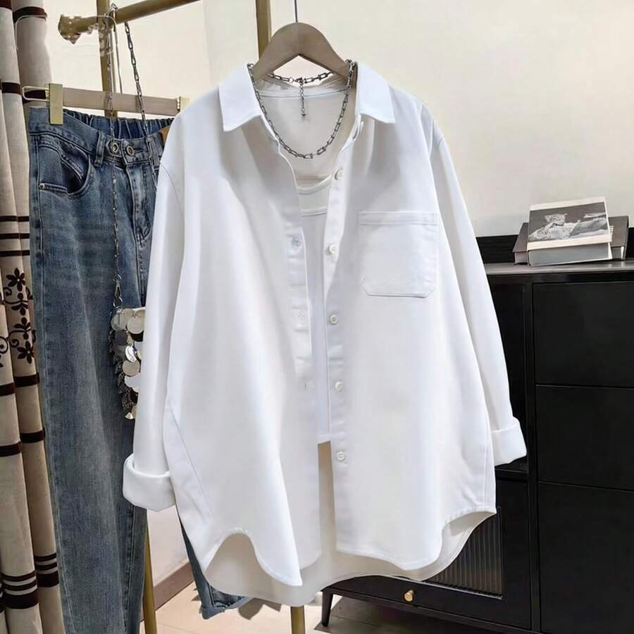 Women's Solid Color Pocket Front Button-Down Casual Shirt White Spring - White - View 1
