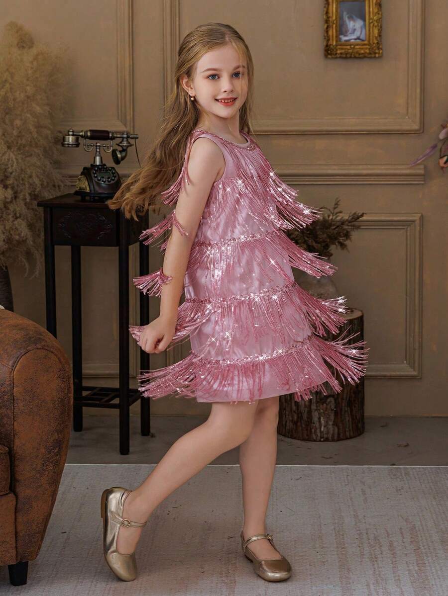 Tween Girl Sleeveless Flowing Sequin Fringe Party Dress, Flower Girl Dress, Princess Gown For Girls, Suitable For Birthday Party, Wedding, Prom, Holiday Celebration - Pink - View 1