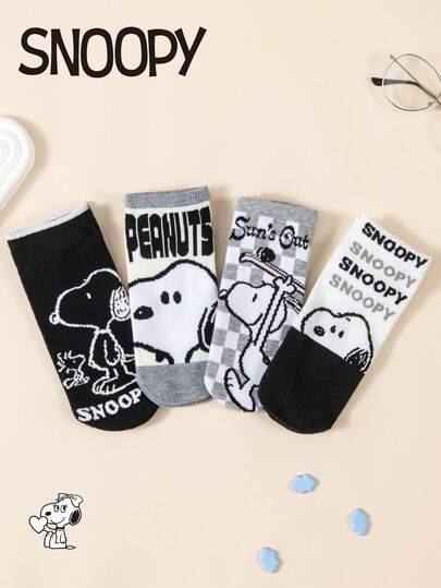SNOOPY 4双装正品史努比图案男士短袜，可爱卡通设计，防臭透气，休闲百搭运动中筒袜，卡通图案，适合学生/成人作为礼物和日常穿着