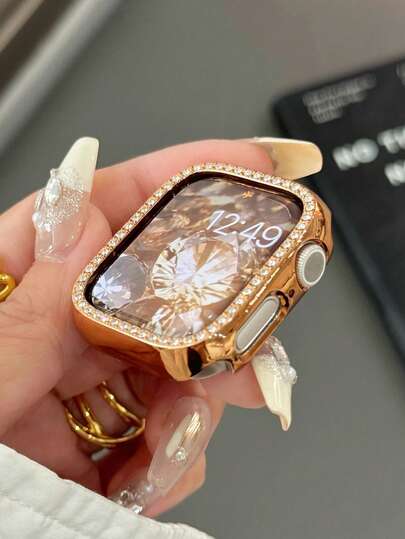 1 pieza Funda protectora de cristal brillante con rhinestones, cubierta de PC dura ultrahueca, compatible con Apple Watch de 40/41/42/44/45/46/49mm, adecuado para Apple Watch Series Ultra/SE/11/10/9/8/7/6/5/4, accesorio de reloj inteligente, color oro rosa