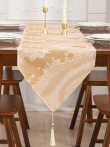 1 chiếc khăn trải bàn trang trí màu vàng, chất liệu giả lụa dệt jacquard, trang trí bàn ăn/phòng khách, có tua rua, họa tiết trừu tượng cổ điển kiểu nhà nông thôn. - Màu be - Xem 11