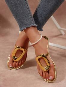 New Women's Gold Sandals, Summer Open Toe Flat Sandals, Metal Buckle - Gold - View 5