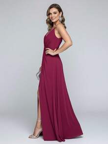 Elegant Women's Long Dress For Bridesmaids, Wedding Guests, Graduations, Birthday Parties, 15th Birthday, Straps, Rhinestones, Padded Cups, Slit, Lined Fabric - 瑪薩拉紅 - 查看 2