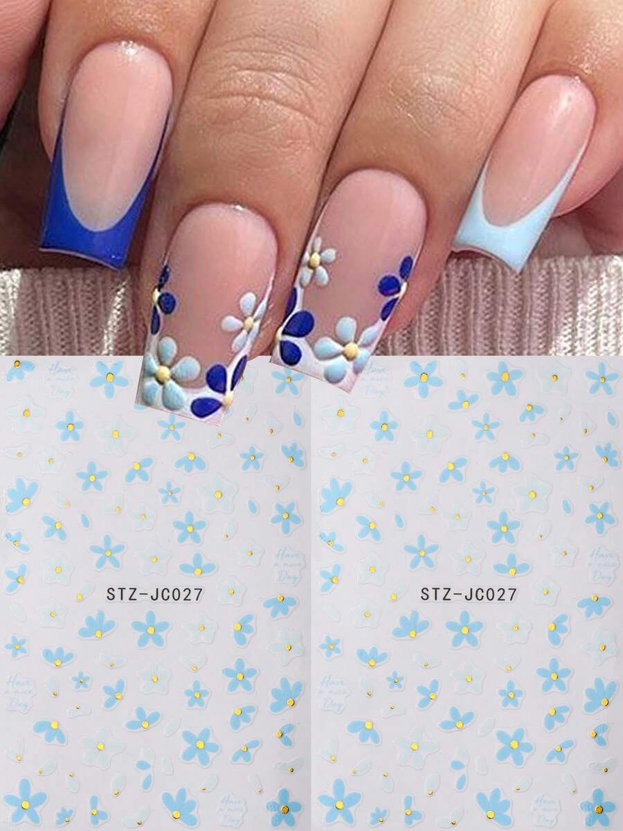 2片3D蓝色雏菊美甲贴纸，可爱雏菊花瓣自粘美甲贴，优雅春夏美甲用品，DIY美甲装饰 - 彩色 - 查看 1