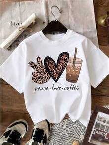 Peace Love Coffee Leopardmönstrad T-shirt med handhjärta och iskaffe-grafik, kortärmad, rundhalsad, för kvinnor, för vardagsbruk. - Vitt - Visa 2