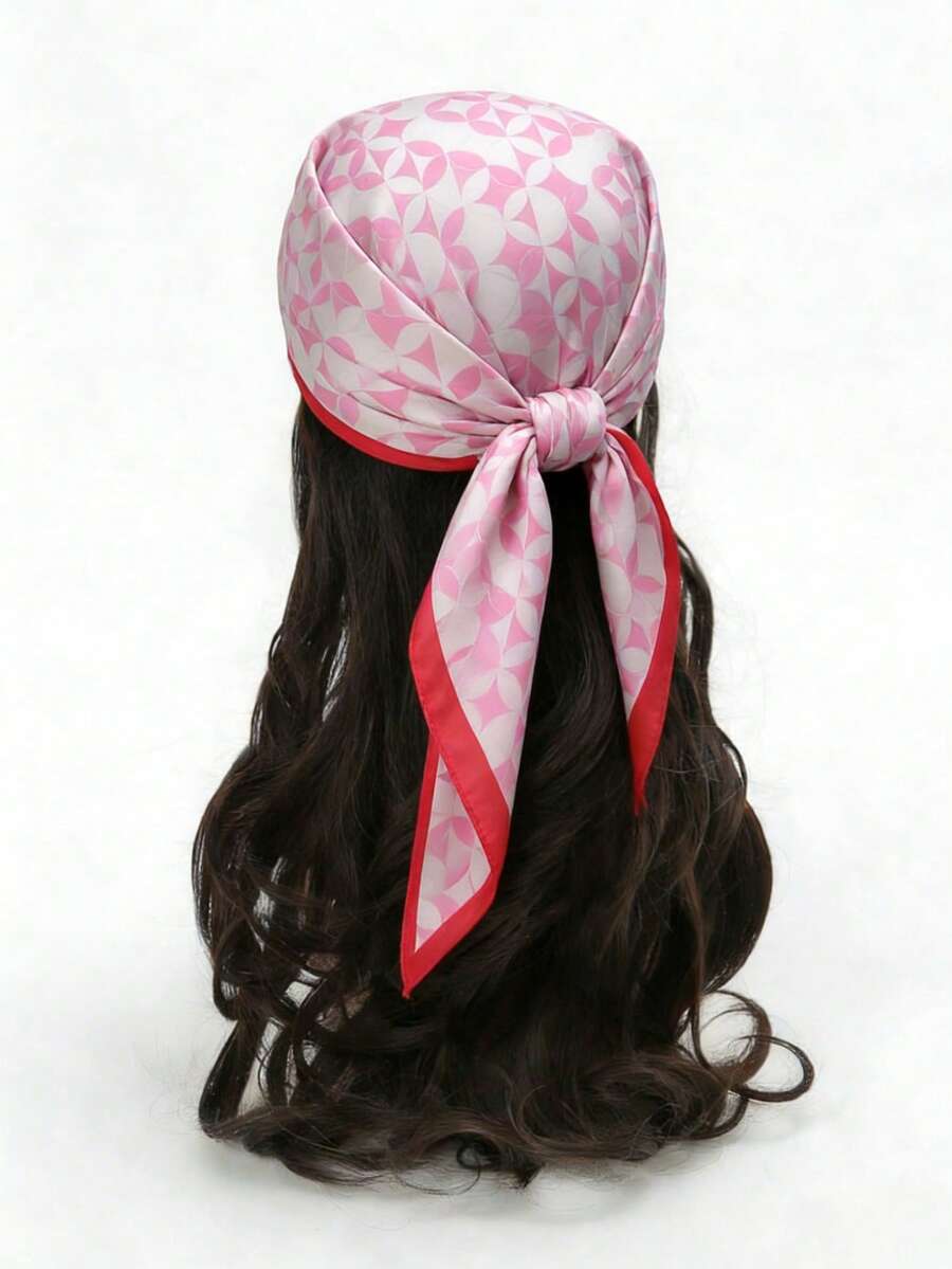 1pc Square Scarf, Women's Satin Printed Headband, Headwrap, Fashion Headscarf, Shawl, Scarf, Women's Neckerchief, Headscarf, Great Gift For Girlfriend Or Mother - Geometric Circles In Pink - View 1