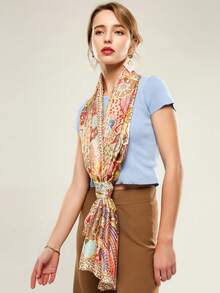 女士印花真丝围巾，复古风夏季沙滩罩衫，真丝颈巾，头巾，优雅百搭，适合晚礼服、旅行、办公、婚礼等场合。 - 彩色 - 查看 4