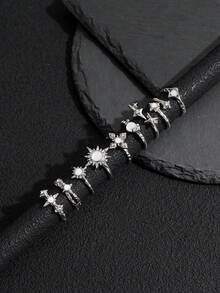 9pcs Vintage Distressed Metal Spiked Rings, Sweet & Cool Minimalist Cross Crystal Ring Set For Women - Silver - View 4
