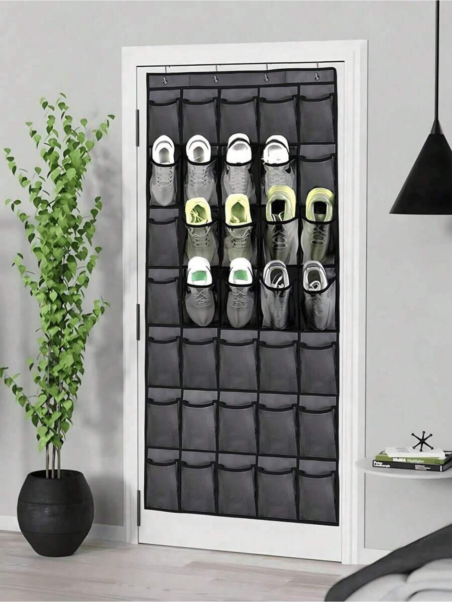 1pc Over-The-Door Shoe Rack With 14/24/35 Large Mesh Pockets, Suitable For Closet, Entryway, Bedroom, Bathroom, Storage Room, Can Hold Men's Sneakers, Women's High Heels, Flip Flops, Made Of Durable Oxford Cloth, High Capacity, Space-Saving, Mesh Backing, Ideal Gift - Black - View 1