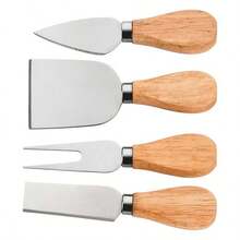 4件套不锈钢木柄奶酪刀套装，圆形橡胶木盒，烘焙工具 - 銀色 - 查看 8