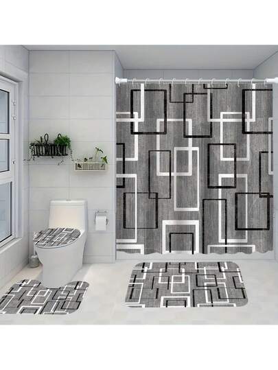 1/4 套灰色几何图案家居卫浴装饰套装，包括马桶盖、带挂钩的浴帘和 12 个挂钩