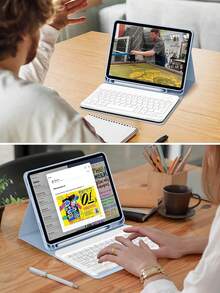 这款键盘保护套兼容 iPad (A16) 11 英寸第 11 代 (2025)，也兼容 iPad 10.2 英寸第 9/8/7 代、iPad Air 4/5/6、10.9/11 英寸、iPad Pro 11。支持自动睡眠/唤醒功能，配备可拆卸无线蓝牙键盘、内置 150mAh 电池、纤薄支架设计，并带有触控笔插槽 - 浅蓝色 - 淺藍色 - 查看 8