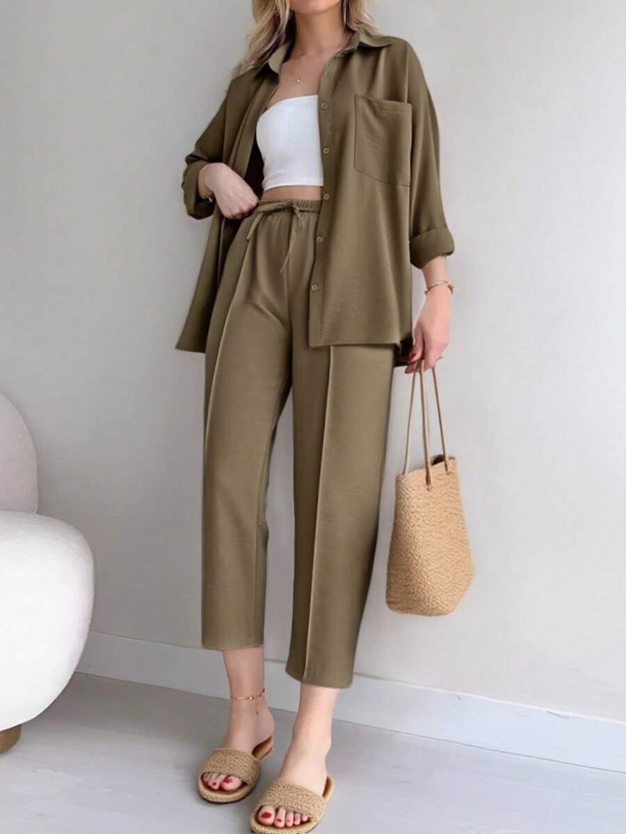 Set de 2 piezas para mujer: Top de manga larga con botones de unicolor y pantalones largos con cintura anudada, para primavera - Color marrón claro-1 - Ver 1