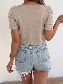 Women's Casual Vacation Sexy Hollow Lace-Up Knit Short Sleeve Cardigan Sunscreen Shirt, Spring/Summer - Khaki - View 2