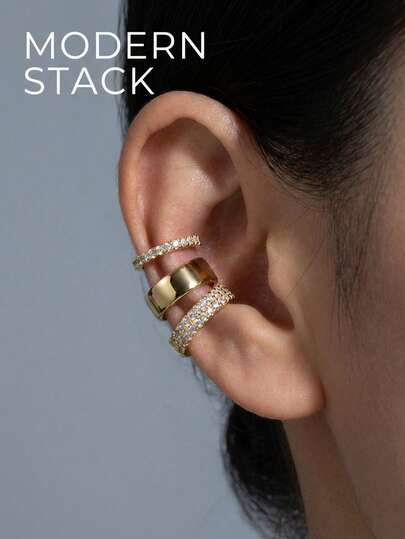 Set de 3 piezas de clips de oreja dorados, minimalistas y anchos sin perforación, perfectos para apilar o usar individualmente