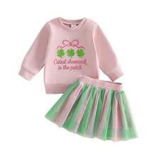2Pcs/ Set Toddler Baby Girl St Patricks Day Outfit Lucky Charm Sweatshirt And Tulle Tutu Skirts Set Cute Infant Irish Clothes  St Patricks Day Gifts For Kids - 粉色 - 查看 14