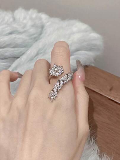 1pc Elegant Floral & Leaf Design Rhinestone Encrusted Silver Open Ring, Suitable For Women's Daily, Party, Festival, Date, Banquet Wear, Valentine's Day Gift, Anniversary Gift, Jewelry Gift