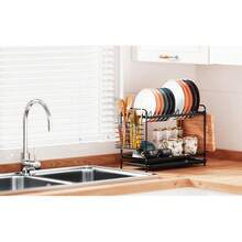 Escurridor de múltiples capas con bandeja de goteo, diseño que ahorra espacio, incluye soporte para cubiertos y tabla de cortar, adecuado para encimeras de cocina, color negro - Negro - Ver 9