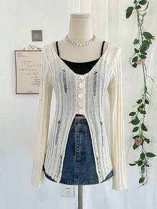 Apricot Long Sleeve Hollow V-Neck Knit Cover Up For Women, Fashion Street Party Casual Comfortable Sweater, Collegiate Style Fitted Daily Versatile Summer Solid Color Minimalist Sexy Top - Apricot - View 2