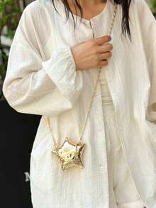 1pc New Mini Metal Pouch, Electroplated Silver Coin Purse, Shiny Avant-Garde Metallic 5-Pointed Star Handbag, Star Chain Crossbody Bag, Asymmetric Handheld Bag, Accessory Pouch, Elegant Coin Purse, Earphone Case , Wedding - Gold - View 4