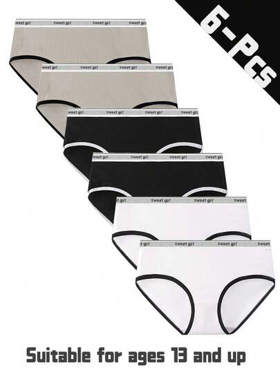 6pcs Teen Girls Solid Color Minimalist Style Breathable Comfortable Daily Wear Triangle Panties, Black/White/Gray