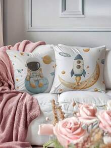 1/2/4pcs Space Adventure Throw Pillow Covers, 17.7" X 17.7", Cartoon Astronaut & Rocket Design, Zippered Polyester Cushion Cases For Contemporary Home Decor - Machine Washable, Insert Not Included, Decorative Pillow - Multicolor - View 6