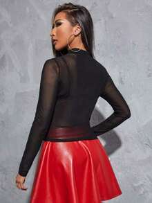 Black Mock Neck Mesh Top Without Bra,Ladies Sexy Sheer Regular Sleeve Stand Collar Slim Fit Black Plain Women Tops,Spring/Fall,Casual Daily Wear - 黑色 - 查看 2