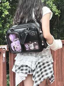 新款日系PU皮Y2K心形链条透明徽章包，休闲简约街头通勤多功能大容量单肩斜挎包，可收纳杂物、挂钥匙、存放明信片 - 黑色 - 查看 5