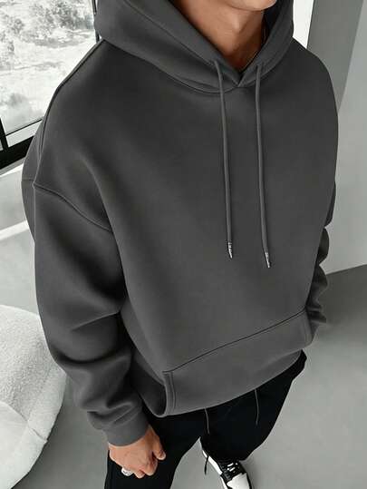 Simple Studio | Men's Solid Color Drop Shoulder Long Sleeve Drawstring Pocket Casual Hoodie, Autumn/Winter, Back To School Season