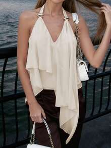 Daleeva Women's Solid Color Chiffon Spaghetti Strap Backless Sexy Fashionable Romantic Camisole Top Elegant Summer - Apricot - View 1