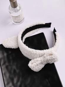 1个极简可爱泰迪熊毛绒宽发箍，带蝴蝶结耳朵，棕色和白色可选，发带，头饰，发箍 - 彩色 - 查看 5