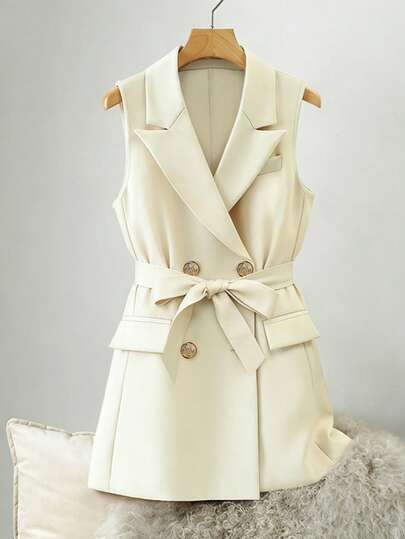 Women's Solid Color Faux Pocket Belted Front Button Sleeveless Office Blazer