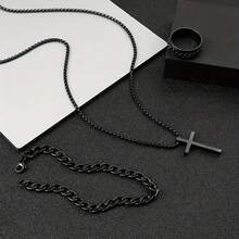 Three-Piece Men's Necklace Set With A Cross Pendant, Ring, And Bracelet. Ideal Father's Day Gift. Stylish Jewelry For Everyday Wear. - 黑色 - 查看 2