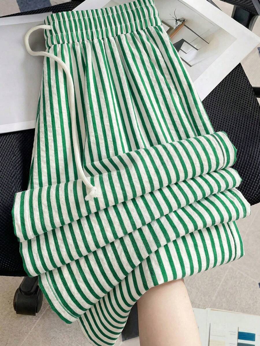 Women's Casual Striped Print Drawstring Waist Loose Wide Leg Pants, Suitable For Vacation, Daily Commute Spring - Green - View 1
