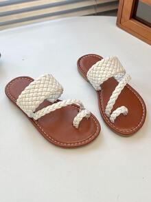 1 Pair Children's White Woven PU Non-Slip Durable Round Toe Fish Mouth Flat Slip-On Sandals, Suitable For 3-15 Years Old Boys And Girls, Daily Wear, Gatherings, Travel, Street Style, Spring/Summer 2026 New Arrival