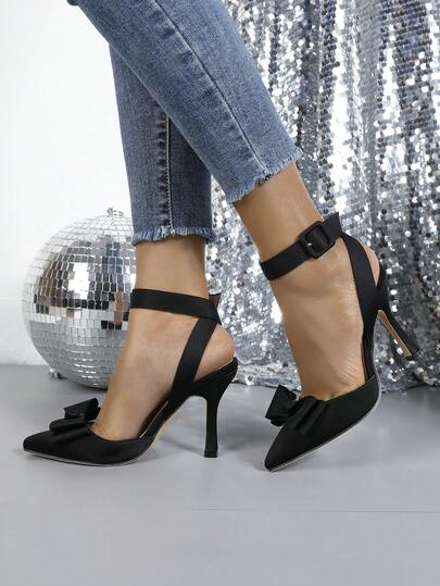 女士法式新款高跟鞋，蝴蝶结装饰，时尚百搭，不易疲劳的尖头设计，低鞋面，优雅专业的浅口鞋，细高跟，黑色