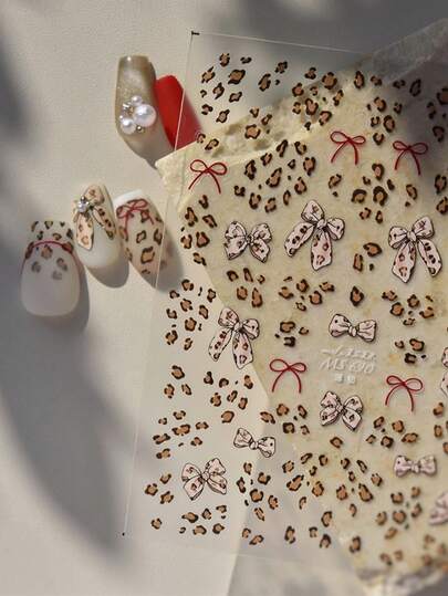 1pc 3D Leopard Print Bow Nail Sticker Charming Bow Nail Sticker Slider Winter Nail Decoration Nail Supplies